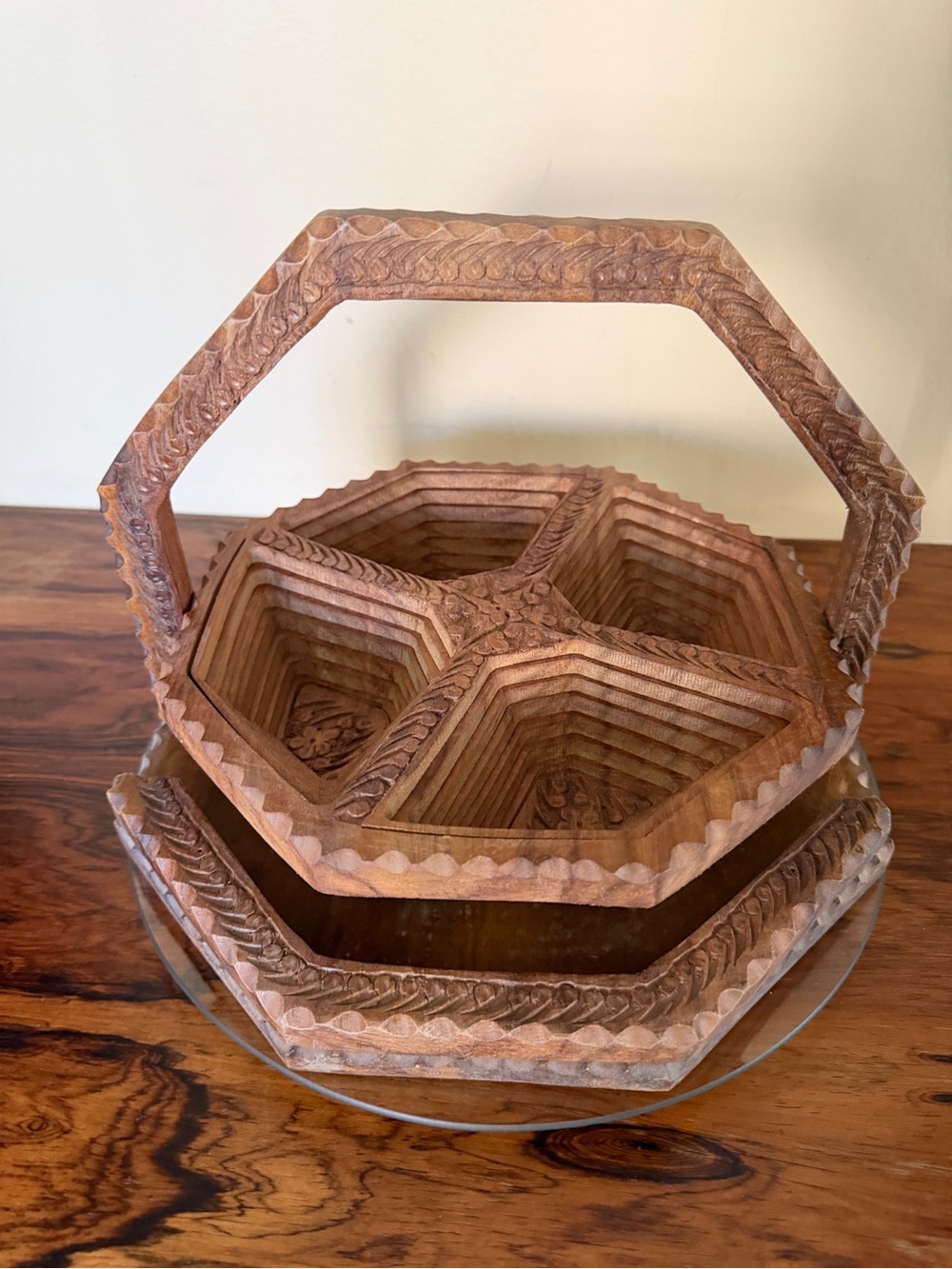 Vintage Hand-Carved Rosewood Collapsible 4-Compartment Accordion Basket / Trivet